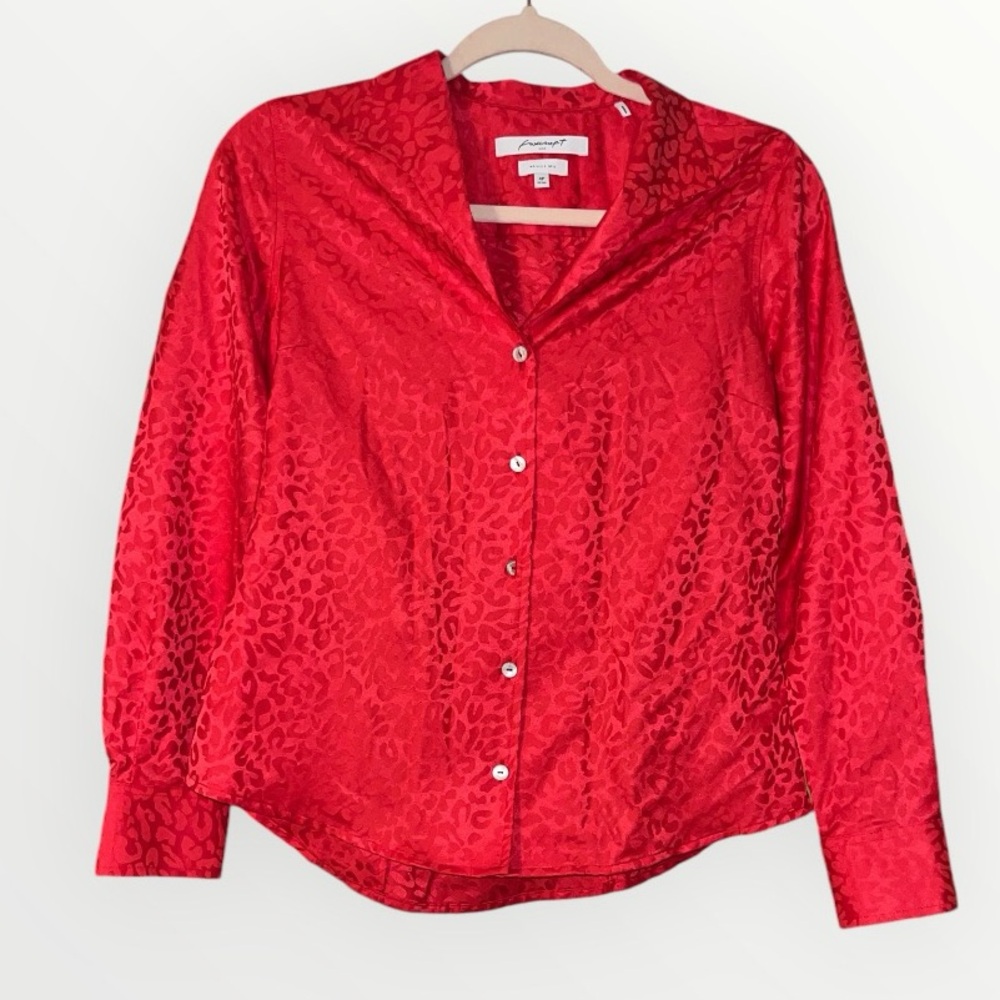Foxcroft Red Satin Leopard Print Jacquard Wrinkle Free Button Up Top Size 4P